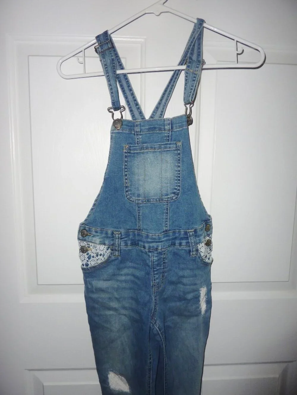 Girl's JUSTICE Denim Overalls Light Distressed Look and White Lace Accents 12